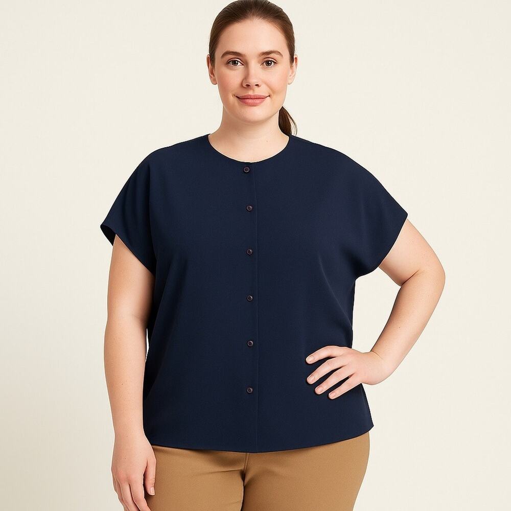 Liz Claiborne Collection Navy Blue Short Sleeve Button Front Top Women 16